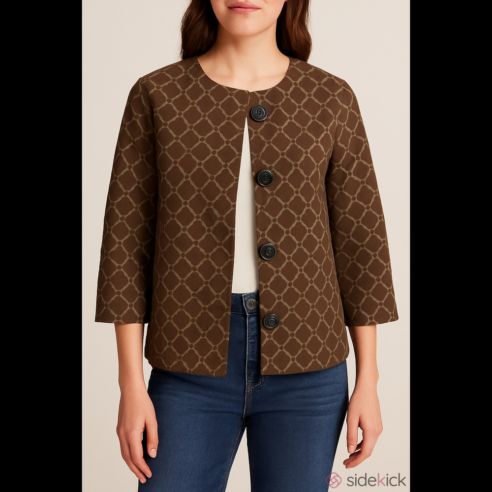 J Jill Crop Blazer Jacket Embroidered Circles 3/4 Sleeves Size Small Brown